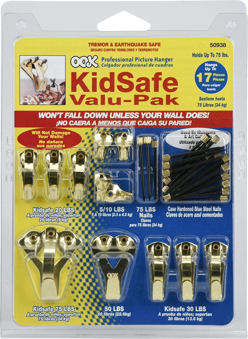 OOK 535862 Picture Hangers, Art Hangers, Kid Safe, Brass, Reusable Picture Hooks, 10-75lb (Value Pack) - Image 1